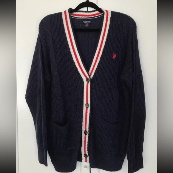 U.S. Polo Assn. Navy Cardigan with Red and White Accents - Picture 1 of 12